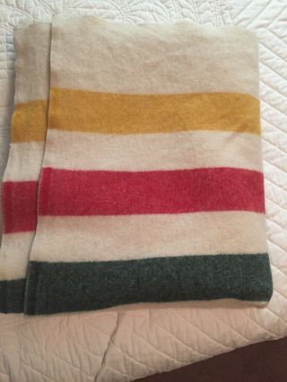 Pearce Wool Blanket Off White Red Green Yellow Stripe Vintage 90x75” Full Size