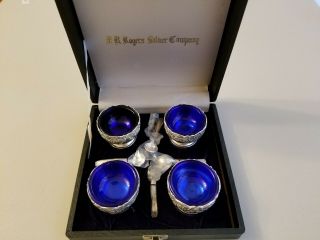 Vintage F.  B.  Rogers Silver Company Cobalt Blue Salt Cellar Caviar Set W/ Spoons