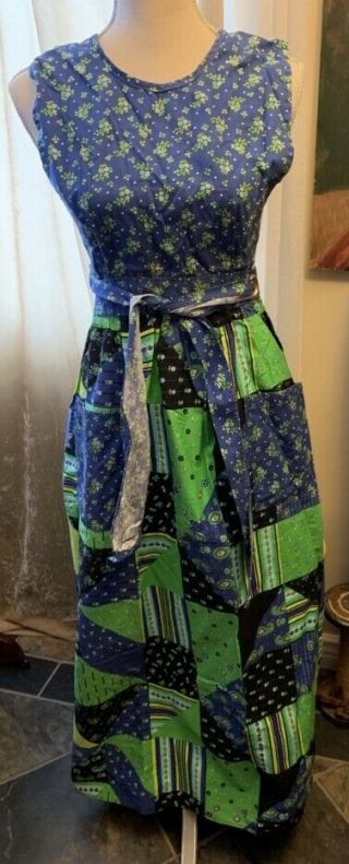 Design House Vintage Full Wrap Apron Dress Patch Work Print Pockets Long