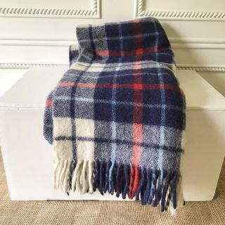 Vintage Wool Camp Stadium Blanket Throw Blue White Red Plaid 47 X 47