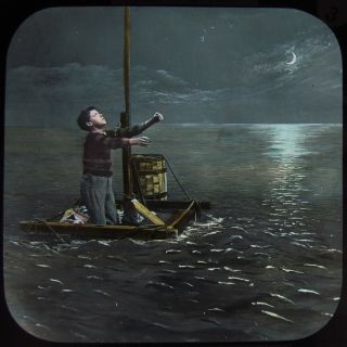 Glass Magic Lantern Slide Alone On The Raft No3 C1890 Victorian Shipwreck Tale