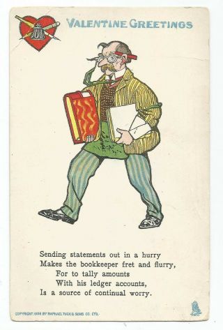 Vinegar Valentine 1910 Comic Postcard,  Bookkeeper By Raphael Tuck