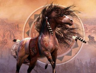 Canvas Print Native Painted War Horse Feathers Southwest Blanket Art Large