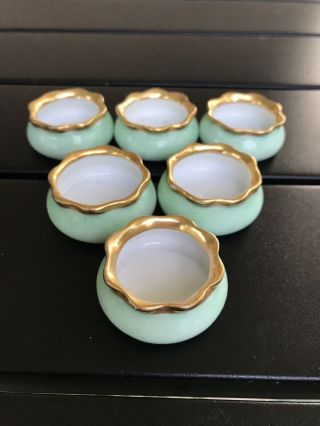Antique O&eg Royal Austria Six Hand Painted Green Porcelain Open Salt Cellars
