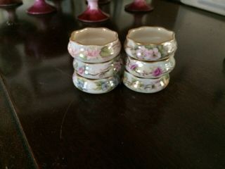 Antique Six American Belleek Hand Painted Porcelain Open Salt Cellars Roses
