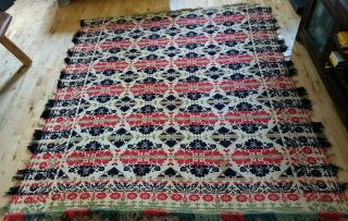 Antique Civil War Era Jacquard Hand Loomed Woven Coverlet Blanket Red White Blue