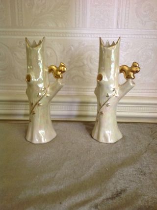 Vintage Pearlescent Vases 22k Gold With Gold Squirrel On Branch Of Trunk