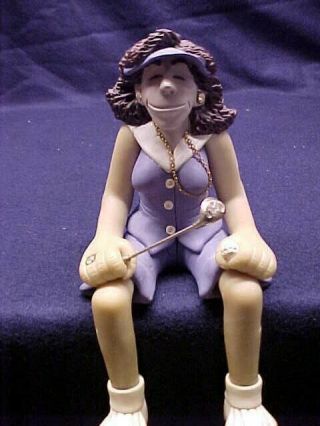 Golf Playing Lady Shelf Sitter W/ Club & Ball Purple Hat Signed D.  Manning