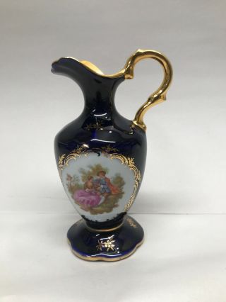 Limoges France Castel Cobalt Small Pitcher Ewer Vase 22k Gold Trim Romantic
