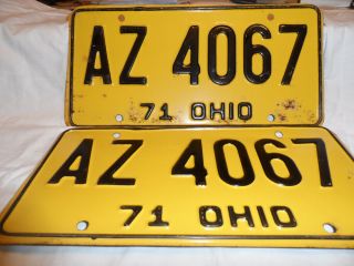 Vintage Pair 1971 Ohio License Plate Az 4067 Black On Gold
