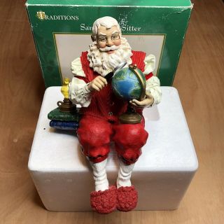 Vtg Handcrafted Traditions Shelf Sitter Santa Searching Globe Fabric Mache 10 In