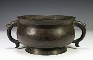 Large Antique Chinese Silver Inlaid Bronze Footed Censer