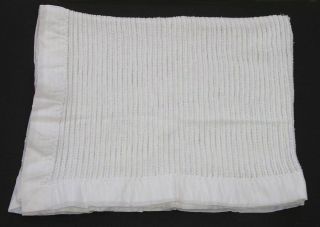 Vtg Usa Acrylic Baby Blanket White Waffle Open Weave Nylon Trim 34 X 46