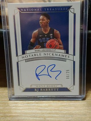 2019 - 20 National Treasures Collegiate Notable Nicknames Rj Barrett Rc Auto /25