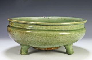 Antique Chinese Celadon Glazed Porcelain Footed Low Bowl - Ming Dynasty