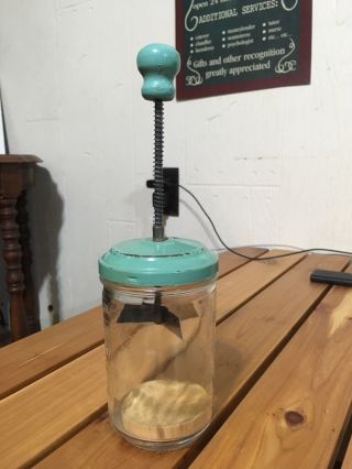 Vintage Hazel Atlas Food Chopper Turquoise Aqua Metal Lid Wood Knob