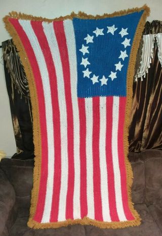Vintage Granny Crochet Red White Blue American Usa Flag 13 Stars Afghan Blanket