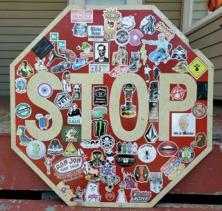 Vintage Retired Metal Stop Sign Sticker Collage Graffiti Wall Art Octagon 30x30