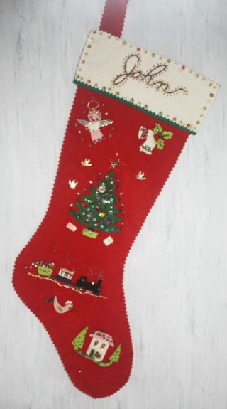 Vintage Handmade Felt Christmas Stocking Sequins Beaded Train Set Angel - John