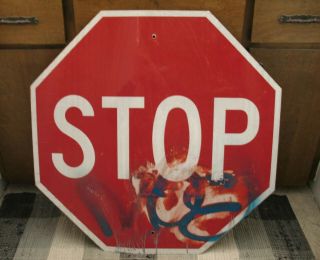 A78 - Stop Real Road Street Sign,  With Blue Graffiti,  Measures 30 " X 30 "