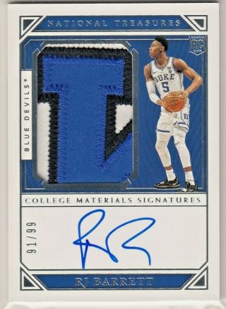 2019 - 20 National Treasures Collegiate Basketball Rj Barrett Patch Auto Rpa /99
