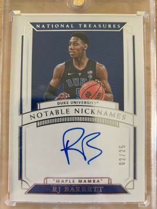 2019 - 20 National Treasures Collegiate Notable Nicknames Rj Barrett Rc Auto 2/25